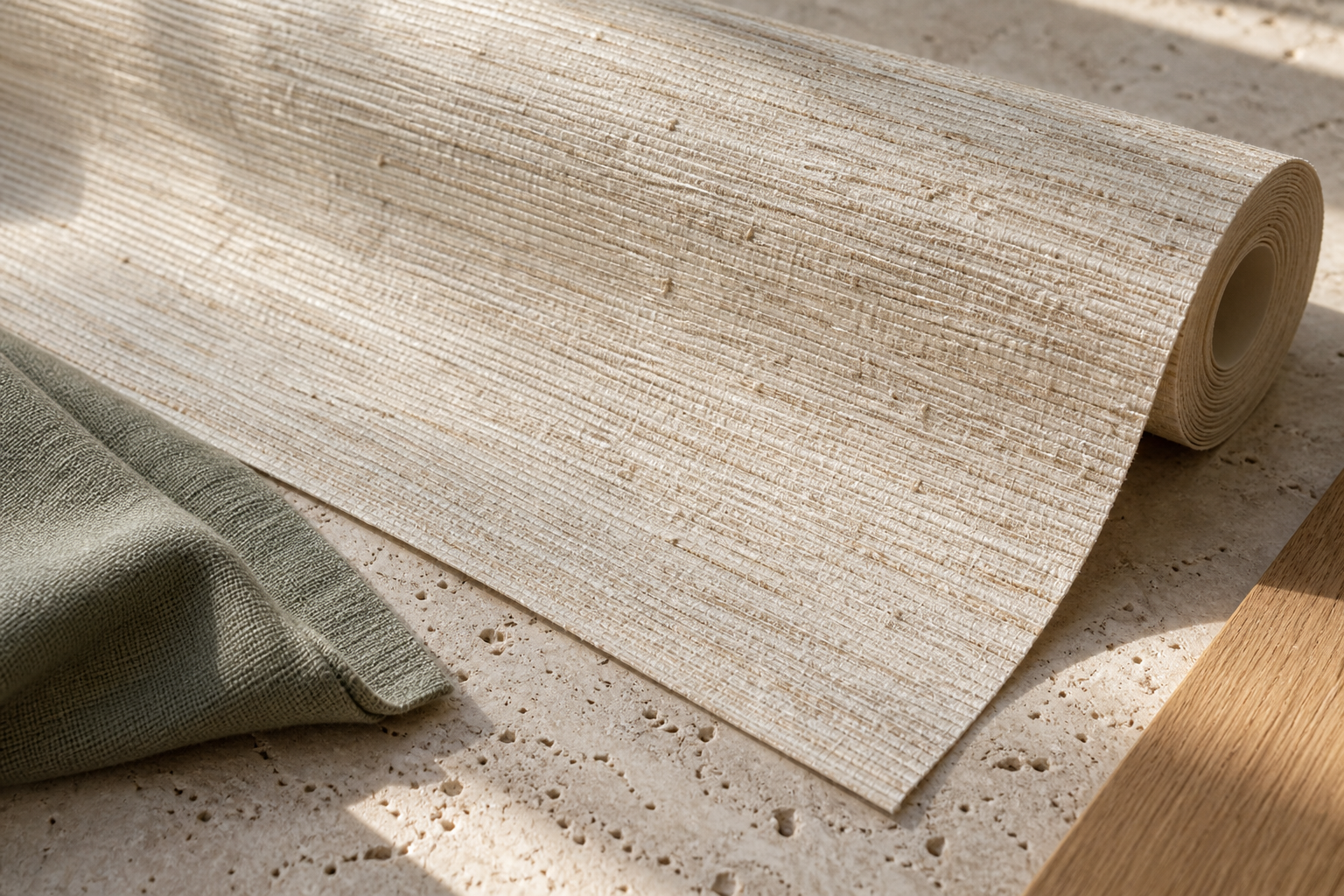 Close-up of woven wallcovering texture with warm natural details